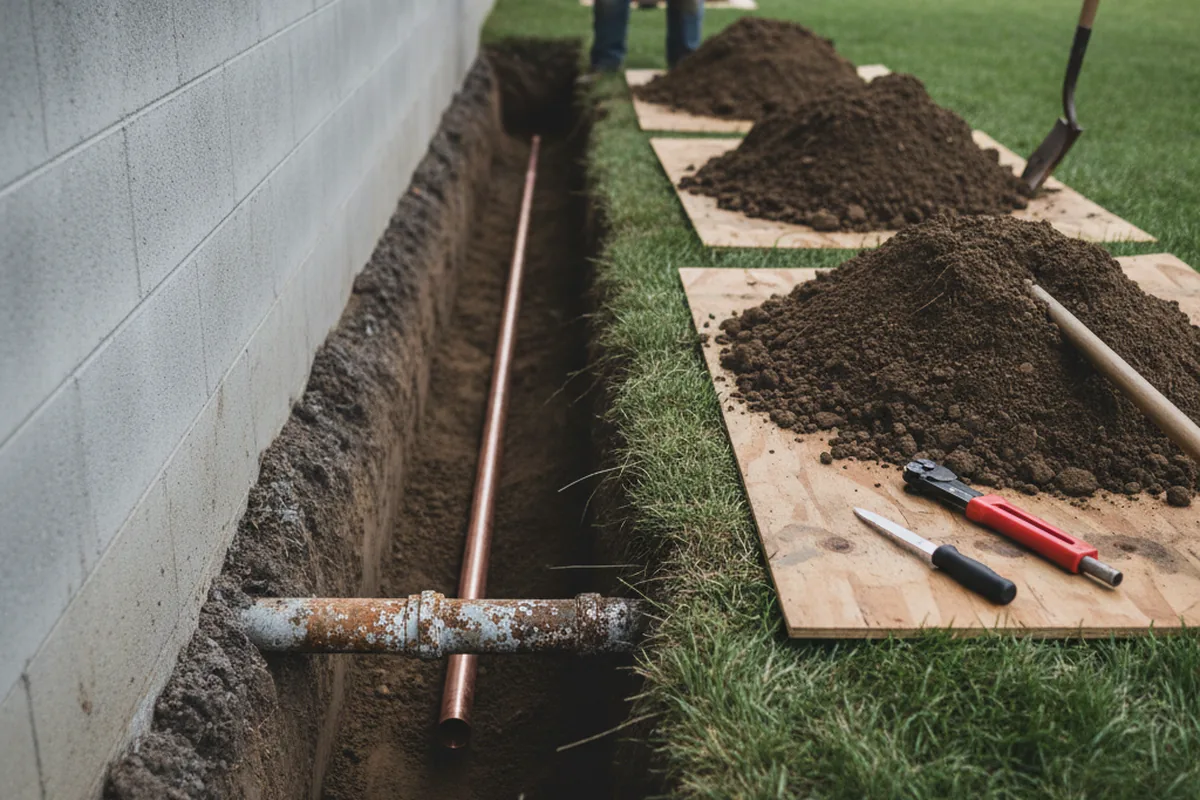 Excavated water line trench during Sewer Line Repair in Sterling Forest
